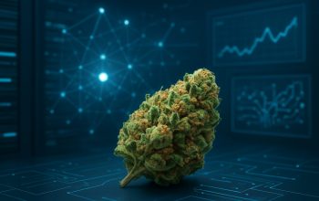 Close-up of quality cannabis bud in a tech-inspired background