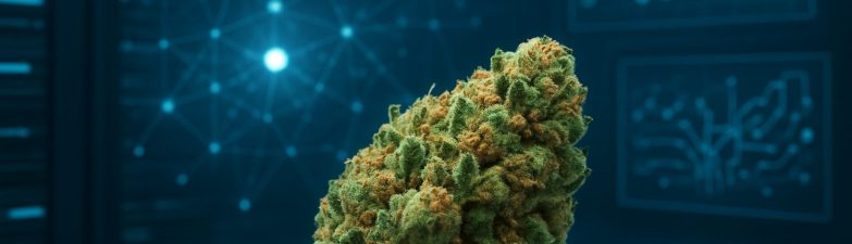 Close-up of quality cannabis bud in a tech-inspired background