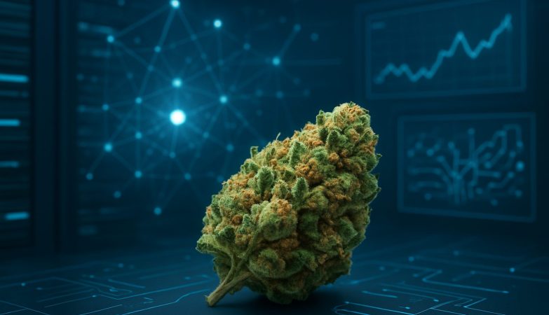 Close-up of quality cannabis bud in a tech-inspired background