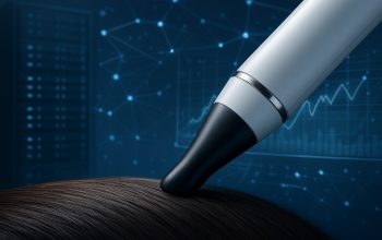 Close-up of a device interacting with hair, set against a tech-inspired background.