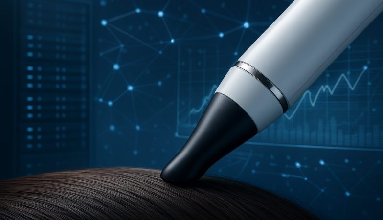 Close-up of a device interacting with hair, set against a tech-inspired background.