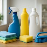 Assortment of cleaning products including sprays, sponges, and cloths arranged on a wooden table