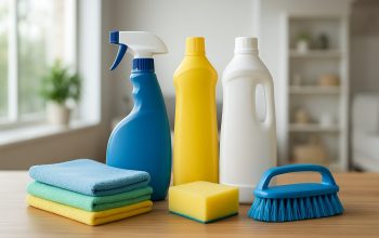 Assortment of cleaning products including sprays, sponges, and cloths arranged on a wooden table