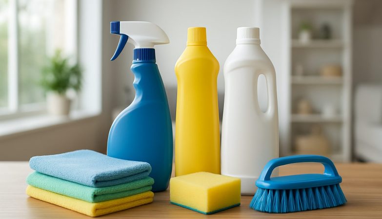 Assortment of cleaning products including sprays, sponges, and cloths arranged on a wooden table